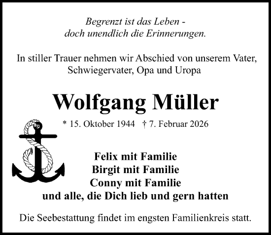 Traueranzeige von Wolfgang Müller von Ostsee-Zeitung GmbH