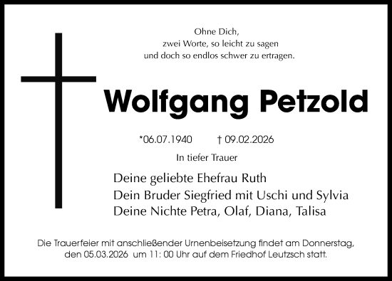 Traueranzeige von Wolfgang Petzold von Leipziger Volkszeitung