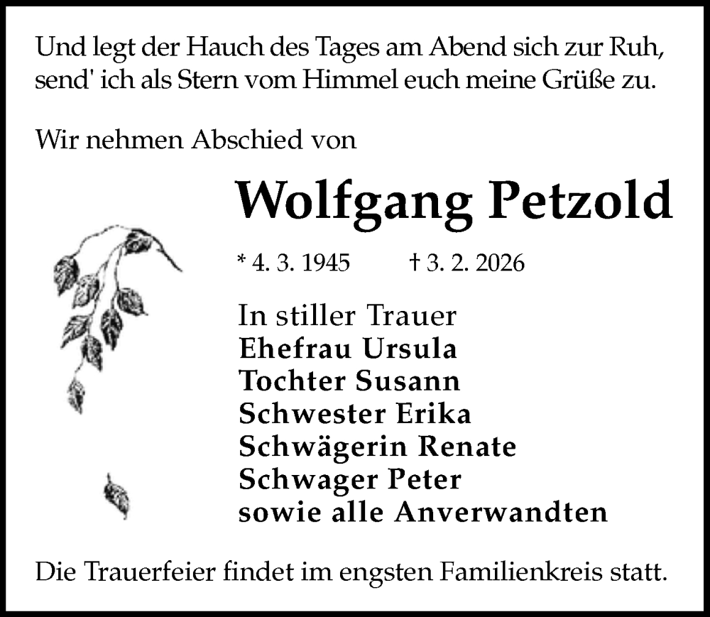  Traueranzeige für Wolfgang Petzold vom 14.02.2026 aus Sächsische Zeitung