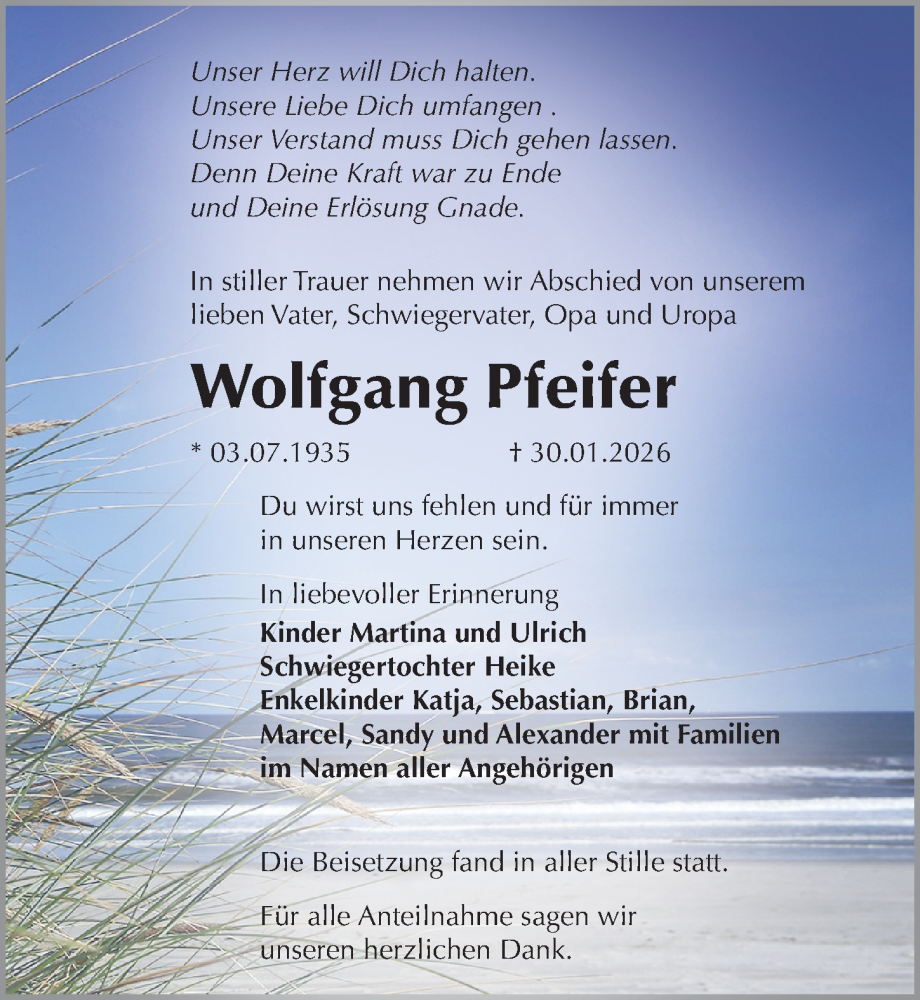  Traueranzeige für Wolfgang Pfeifer vom 14.02.2026 aus Sächsische Zeitung