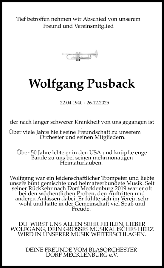 Traueranzeige von Wolfgang Pusback von Ostsee-Zeitung GmbH