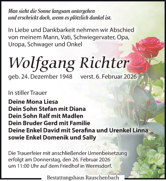 Traueranzeige von Wolfgang Richter von Leipziger Volkszeitung