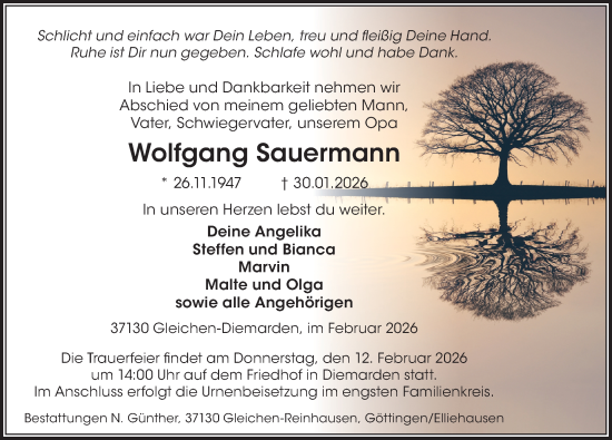 Traueranzeige von Wolfgang Sauermann von Göttinger Tageblatt