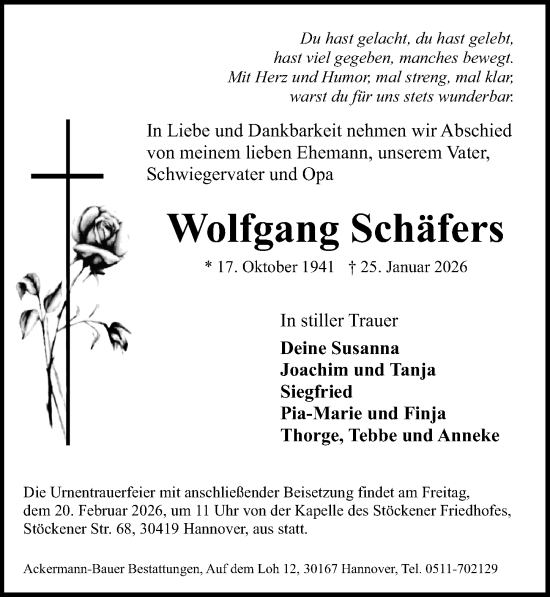 Traueranzeige von Wolfgang Schäfers von Hannoversche Allgemeine Zeitung/Neue Presse