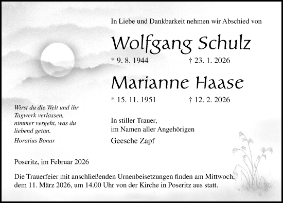 Traueranzeige von Wolfgang Schulz von Ostsee-Zeitung GmbH