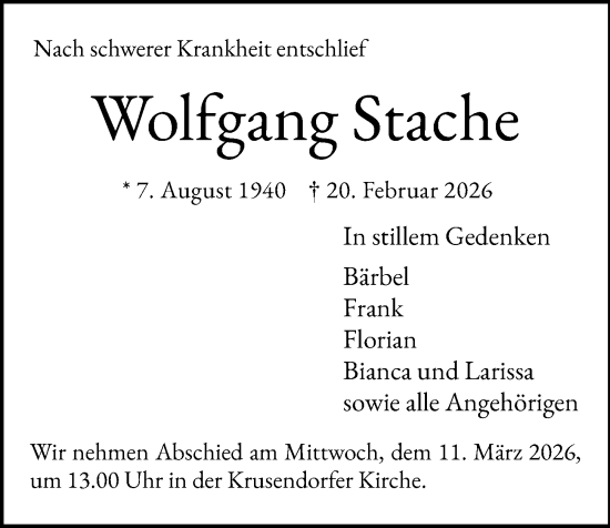 Traueranzeige von Wolfgang Stache von Kieler Nachrichten