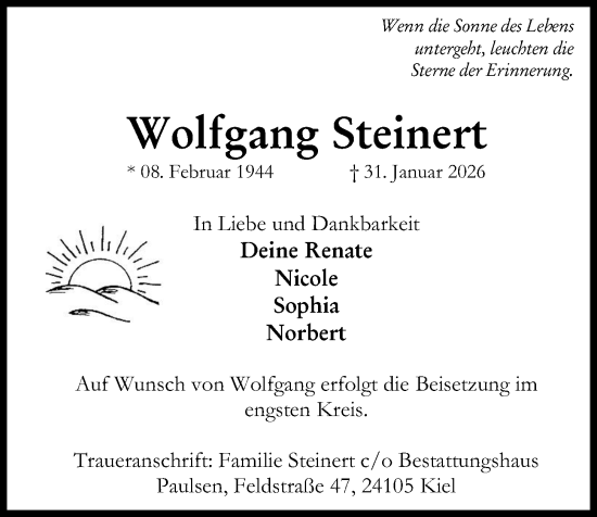 Traueranzeige von Wolfgang Steinert von Kieler Nachrichten
