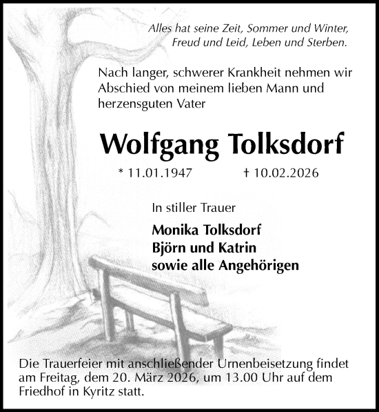 Traueranzeige von Wolfgang Tolksdorf von Wochenspiegel