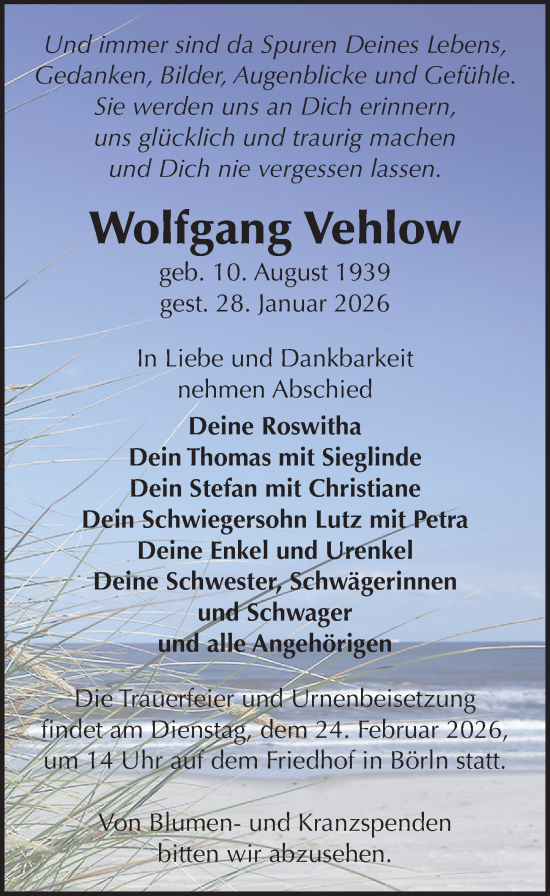 Traueranzeige von Wolfgang Vehlow von Leipziger Volkszeitung