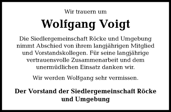 Traueranzeige von Wolfgang Voigt von Schaumburger Nachrichten und Schaumburger Zeitung/ Landes-Zeitung