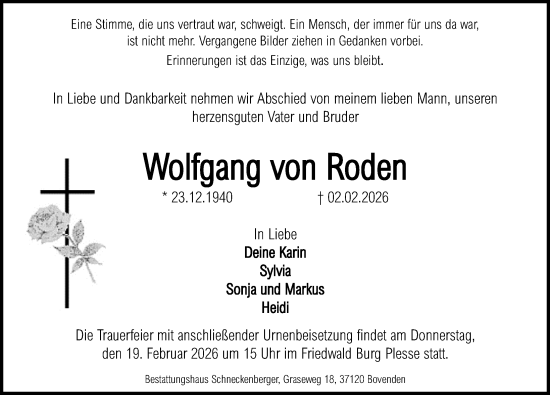 Traueranzeige von Wolfgang von Roden von Göttinger Tageblatt