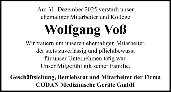 Traueranzeige von Wolfgang Voß von Lübecker Nachrichten