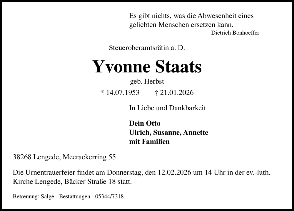  Traueranzeige für Yvonne Staats vom 07.02.2026 aus Peiner Allgemeine Zeitung