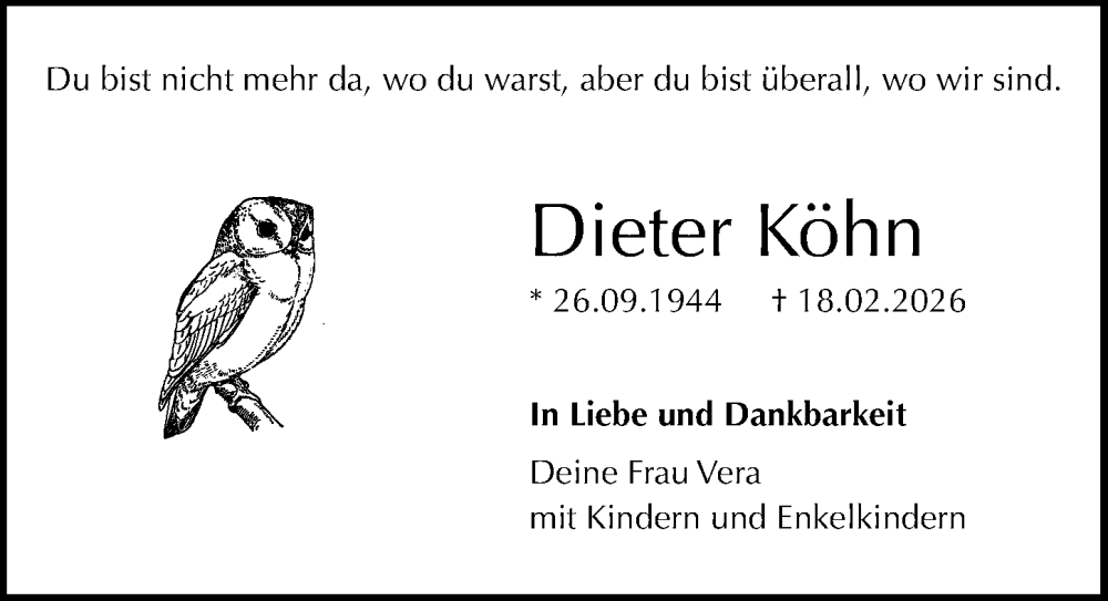  Traueranzeige für Dieter Köhn vom 01.03.2026 aus Lübecker Nachrichten