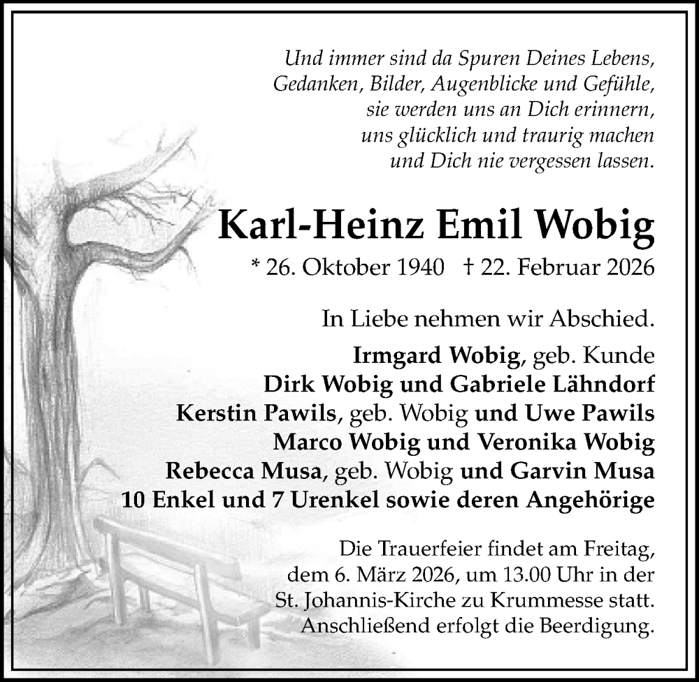  Traueranzeige für Karl-Heinz Emil Wobig vom 01.03.2026 aus Lübecker Nachrichten