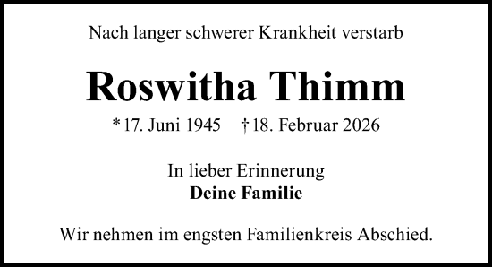 Traueranzeige von Roswitha Thimm von Lübecker Nachrichten