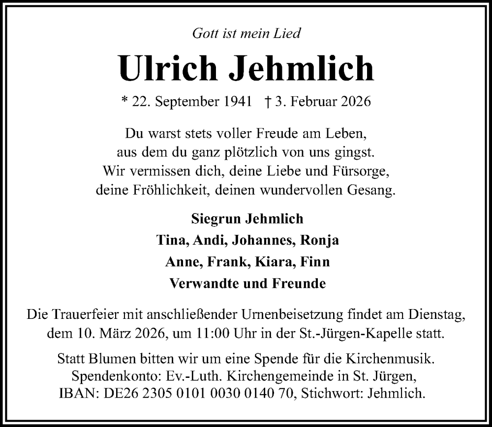  Traueranzeige für Ulrich Jehmlich vom 01.03.2026 aus Lübecker Nachrichten